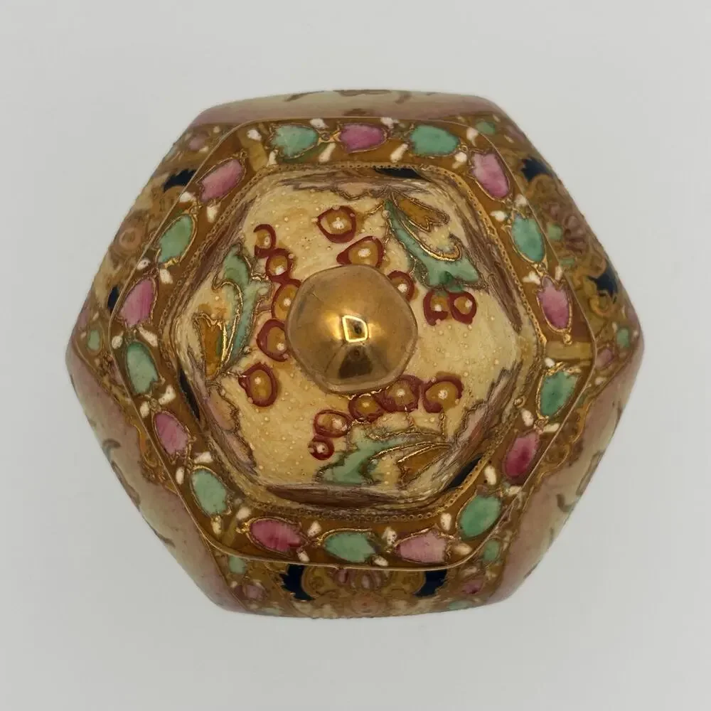 Vintage Satsuma Style Hexagonal Ginger Jar Lid Temple Urn Moriage Gold Floral